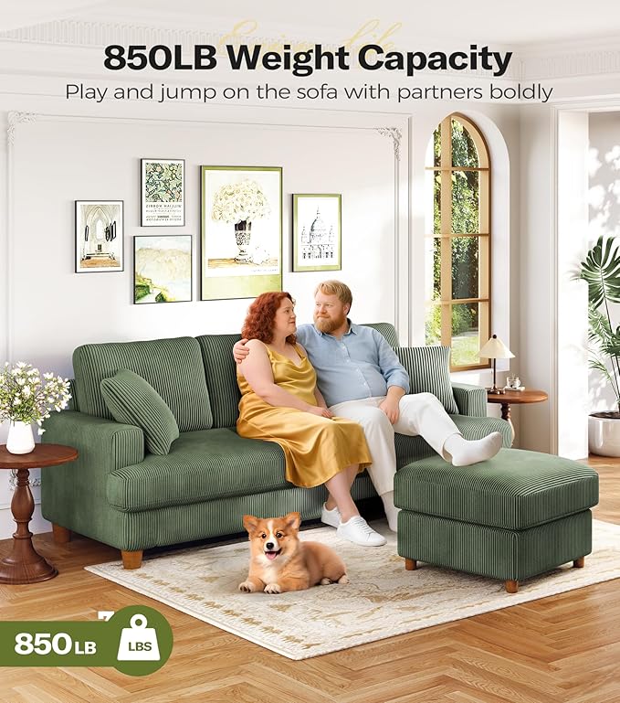 87in Corduroy Couch, Kidirect Sofa No Tool Assembly, Comfy Couches for Living Room 21in Deeper Seats, Corduroy Sofas for Living Room with 2 Pillows, Oversized Loveseat Sofa, Boho Love Seat Olive Couch