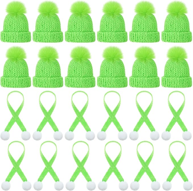 Bencailor 48 Pcs Mini Christmas Knitting Hats and Mini Christmas Scarf Set Knitting Doll Hat Scarf Santa Knit Hat Tree Ornaments for DIY Craft Art Doll Decoration (Lime Green)