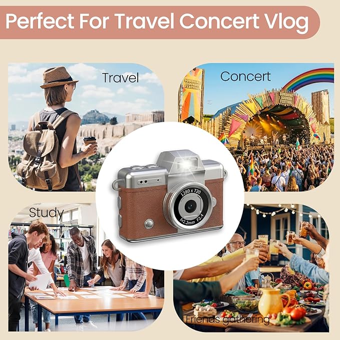 Mini Keychain Camera, 2K Retro Digital Camera with 1.47‘’ Flip Screen & Built-in Flash for Selfies - Includes 32GB SD Card, Strap - Perfect for Travel, Concert, Vlogging