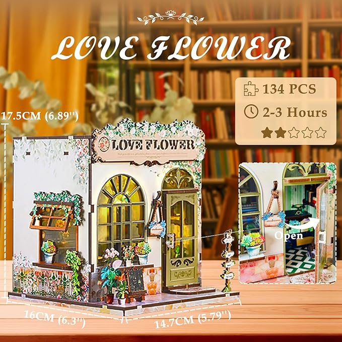 Book Nook Kit – DIY Miniature House Kit with LED Light, 3D Wooden Puzzle Bookshelf Insert Decor, Flower Shop Style Booknook for Adults and Teens, Creative Gift Idea