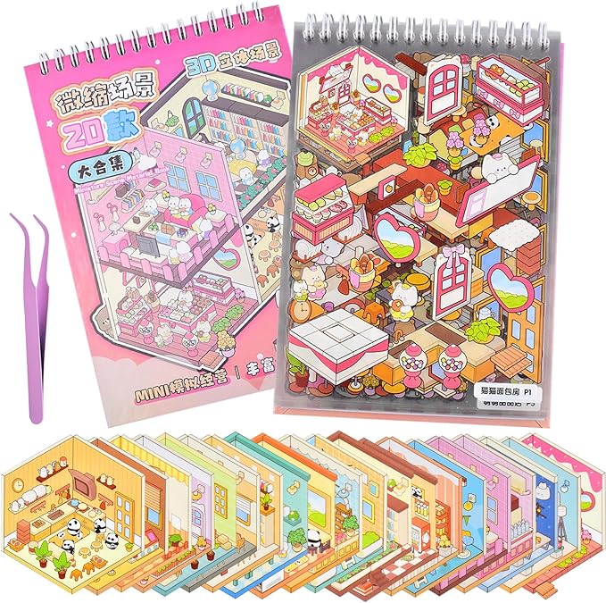 DIY Mini Fun 3D Animal House Scene Stickers Book with Tweezers Make Your Own Library Shop Sticker Scenes Cute Micro Stickers for Relief Stress Pass The Time(20 Designs)