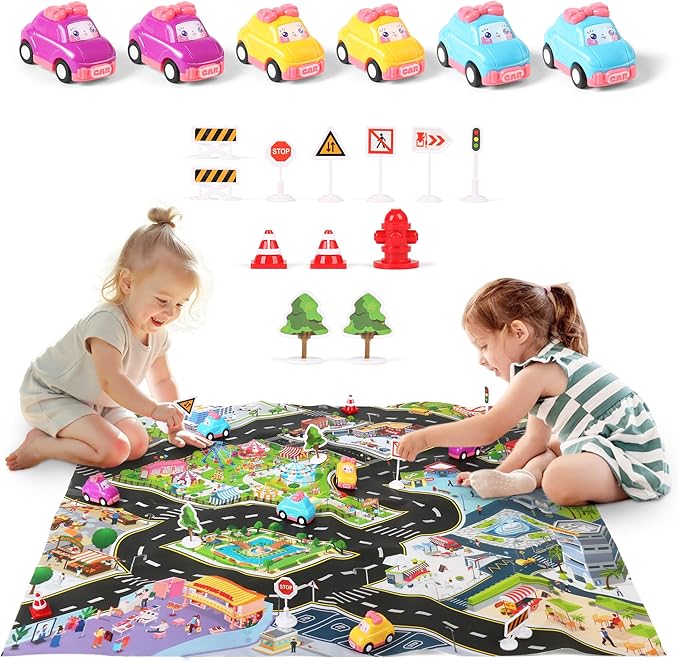 Dwi Dowellin Pink Airplane Toy with 6 Truck Cars and Play Mat,Plane with Lights and Sounds for 3 4 5 6 7 Years Old Toddlers Boys and Girls