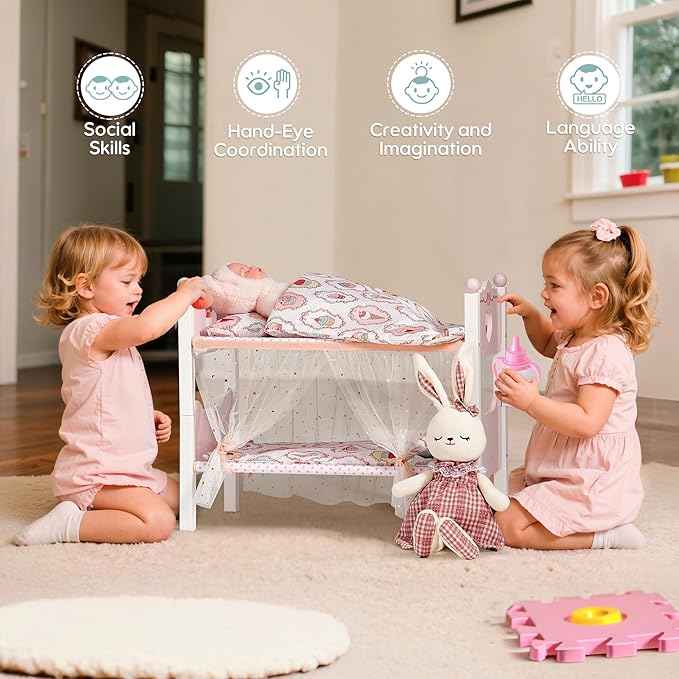 ROBOTIME Baby Doll Bunk Beds, Wooden Baby Doll Crib with Starry Curtain, Stackable Toy Crib for 18 Inch Dolls, Doll Bed Playset with Bedding Accessories, for Kids 3+ (Pink, 2 Pcs Beds)