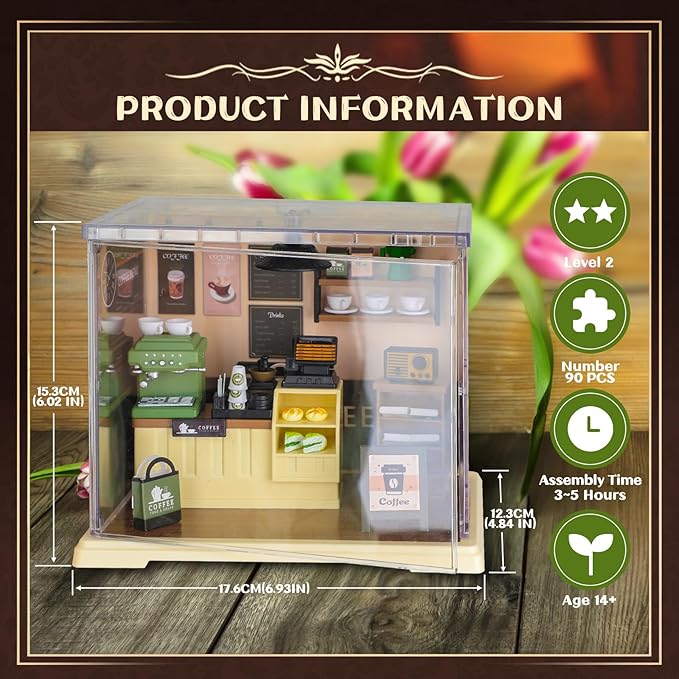 Coffee Shop Tiny House with LED Light Make It Miniature, DIY Miniature House Kit for Adults, Teens, and Beginners, Mini Dollhouse Kit with Home Decor Furniture, Gift for Friends and Hobbies