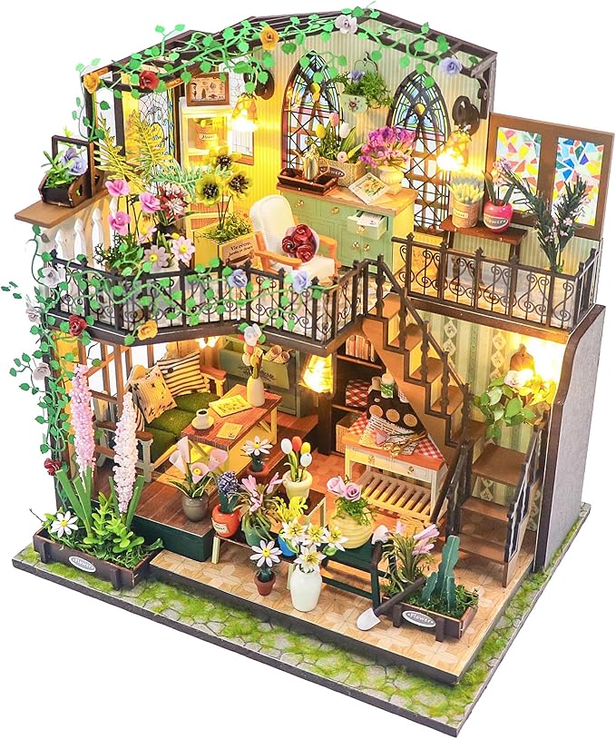 DIY Miniature House Kit, Fairy Dollhouse for Adults to Bulid,Tiny Home Making Kit with Wooden Furniture and LED, Halloween Decoration for Family and Friends (Darcy Flower House)