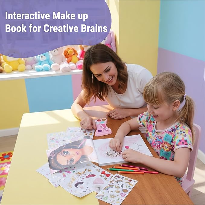 BSCOOL Make-up Artist. 3 in 1 Fun Makeup, Sticker, Coloring Kit, Includes Color Pencils, Makeup Palette, and 200+ Stickers. for Girls Ages 5,6,7,8. Christmas Gift for Girls