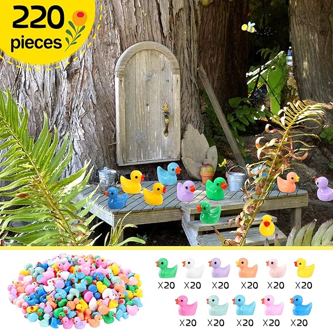 220 Pieces Mini Resin Ducks Tiny Duck for Garden Micro Landscape Ornament Dollhouse Prank Christmas Falloween Birthday Party Favors DIY Decoration Craft (11 Colors)