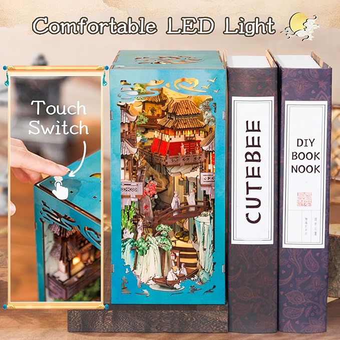 CUTEBEE Book Nook Kit - DIY Miniature House Dollhouse Kit for Adult and Teens, Booknook Bookshelf Decor Alley Model Build with LED Light, Gifts for Family and Friends
