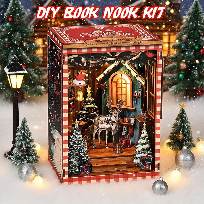 KERNOWO Book Nook Kit, DIY 3D Wooden Puzzles for Adults, Teens and Beginners, Miniature Tiny House Kit for Bookshelf Decor, Bookish Gifts for Family, Friends, Book Lovers (Snow Pavilion)
