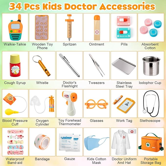 EFO SHM Doctor Kit for Kids, 34 Pcs Kids Doctor Playset kit for Toddlers 3-5 with Medical Storage Bag & Real Stethoscope, for Boys and Girls Fun Role Playing Game, Doctor Play for Kids Toddlers