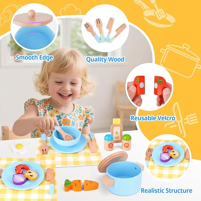 Wooden Play Food Kids Cooking Sets, Play Kitchen Accessories Pretend Play Toys for Toddlers, Kids Kitchen Playset Including Play Dishes, Pot and Pan, Utensils, Gift for Girls Boys 3 4 5 Years Old