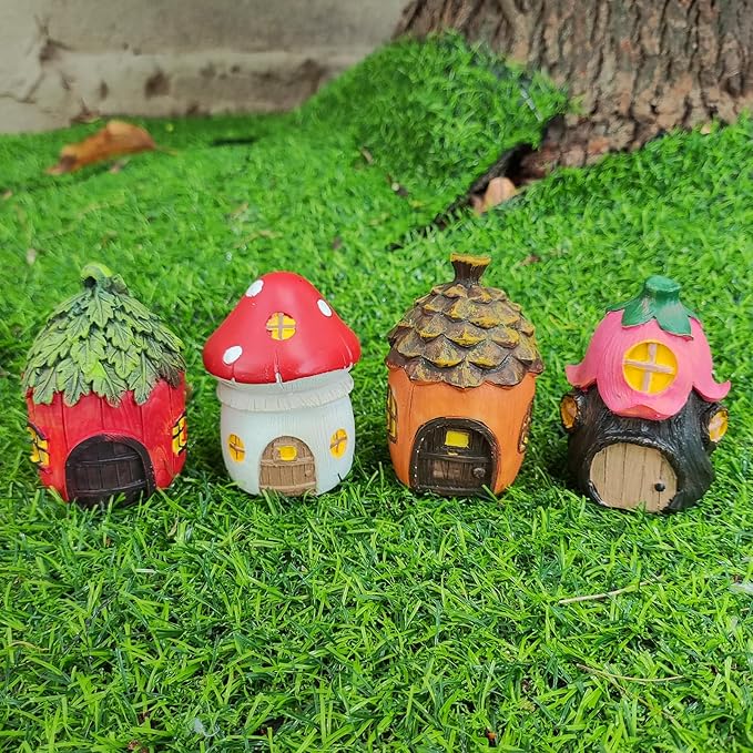 POPKER 4Pcs Miniature Fairy Garden House, Mini Mushroom Cottage House, Fairy Accessories for Micro Landscape, Garden, Yard, Patio, Outdoor, Decorations, Gifts