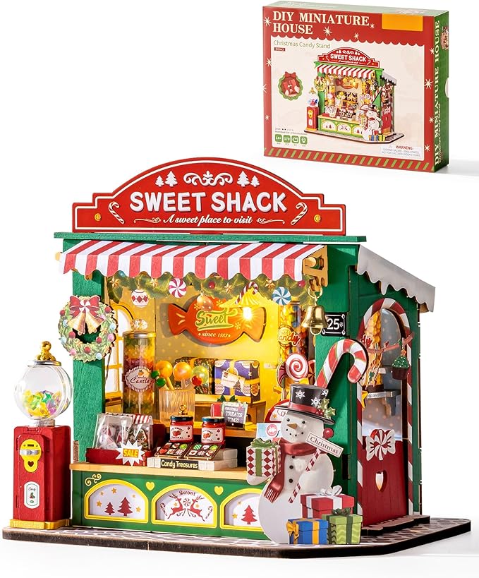 ROBOTIME DIY Miniature House Kit for Adult and Teens, Tiny House Building Kit for Family and Friends, Mini Wooden Dollhouse Kit for Halloween/Christmas/Birthday Gifts (Christmas Candy Stand)