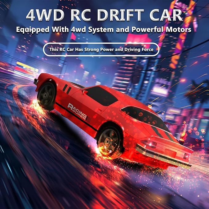 RC Drift Car 1:24 Remote Control Car 4WD 15KM/H High Speed Racing Sport Car with LED Lights RC Cars Toy for Kids Boys Girls Adults Gifts Birthday Christmas Rechargeable Batteries