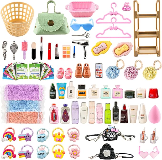 93 PCS Miniature Dollhouse Accessories Dollhouse Bathroom and Makeup Set with Towel Toothbrush Shampoo Toiletries Mini Perfume Shoes Backpack for Girl Micro Scene