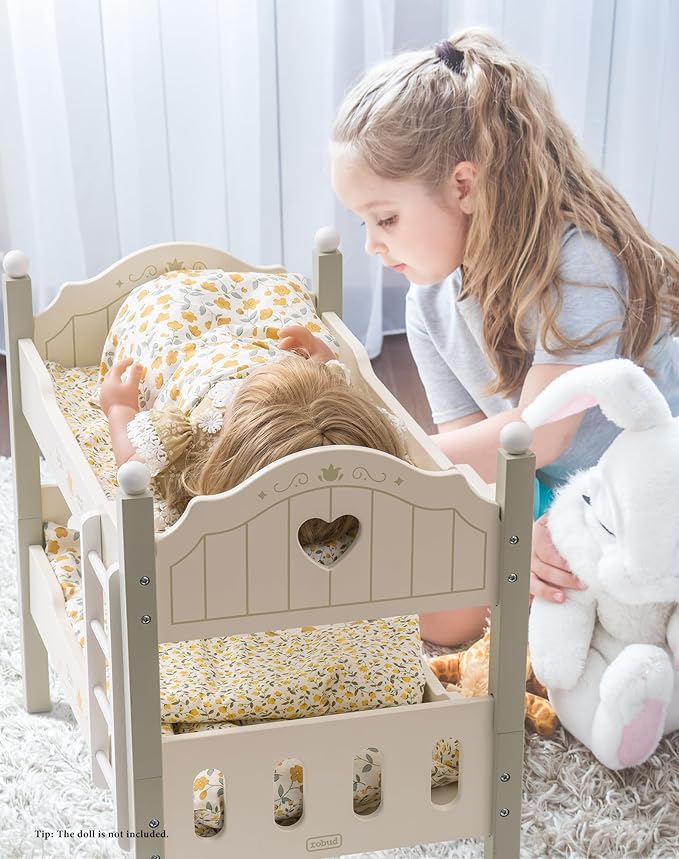 ROBUD Baby Doll Crib, Wooden Baby Doll Beds for 20 Inch Dolls, Green Baby Doll Bunk Beds with Tulle, American Girl Doll Bed for Gifts, WRP11
