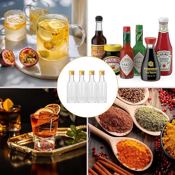 Voittozege 100 Pcs 1.7 oz Mini Liquor Bottles,Airtight Shot Bottles with Caps 10 Pcs Funnels 100 Pcs Kraft Tags and 65 ft Rope,Little Spirit Bottle for Cocktail,Party Favors,Weddings (gold Cap)