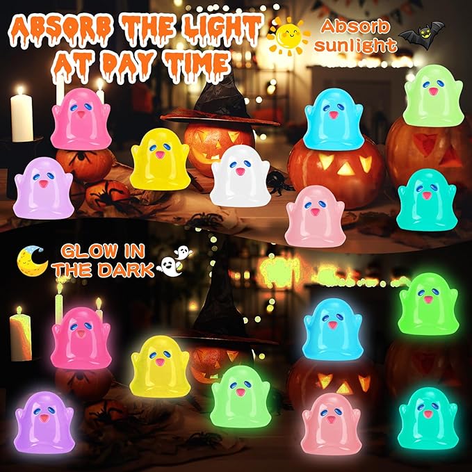 132pcs Halloween Luminous Mini Ghosts Figures 8 Colours Glow in The Dark Miniature Resin Ghost Figurines to Hide Bulk Tiny Small Statue for Halloween Party Favors Micro Garden Dollhouse Decorations