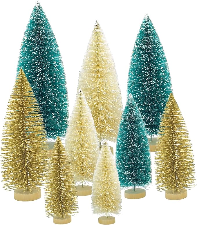 Yahpetes Christmas Trees 9 Pcs Artificial Bottle Brush Tabletop Trees Christmas Table Decorations for Xmas Holiday Party Decor (Blue-Green,Gold,Beige 9Pcs)