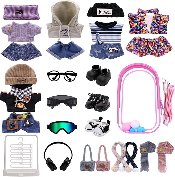 Clothes for Labubu, 24-piece Clothes and Accessories Set Designed for Labubu Doll Clothes, Includes Display Bag, Clothes Rack, Scarf, Knitted Bags, Headphones, Glasses, and Shoes Accessories - Style A