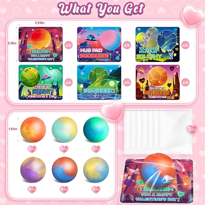 OCHIDO Valentines Greeting Cards for Kids, 24 Packs Valentines Day Cards with Slime Stretchy Squeeze Balls, Kids School Class Exchange Gifts, Classroom Prizes, Valentines Party Favor for Boy Girl