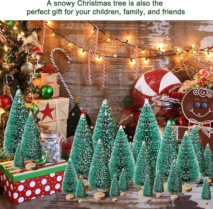30Pcs Mini Christmas Trees - Artificial Christmas Tree Bottle Brush Trees,Sisal Snow Trees with Wooden Base for Christmas Decor Party Home Table Craft Decorations(Green)