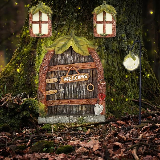 Jauay Miniature Fairy Garden Accessories Fairy Door and Windows for Trees, Glow in The Dark Yard Sculpture Lawn Ornament Mini Garden Art Outdoor Decor Accessories with Lantern