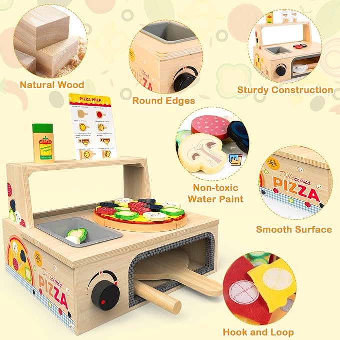 WOODMAM Wooden Pizza Toy - 48 PCS Montessori Pretend Play Food for Ages 3+, Educational Learning Toy Wooden Playset with Bake Oven, Christmas Birthday Gift for 3 4 5 6 Year Old