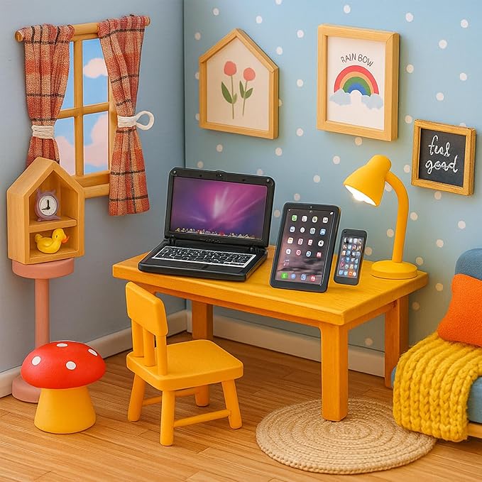 3-Piece Dollhouse Miniature Black Office Set with Metal Laptop Tablet and Smartphone for 1/6 1/12 Scale Tiny Doll House Furniture Toy Accessories Mini Party Decor DIY Project