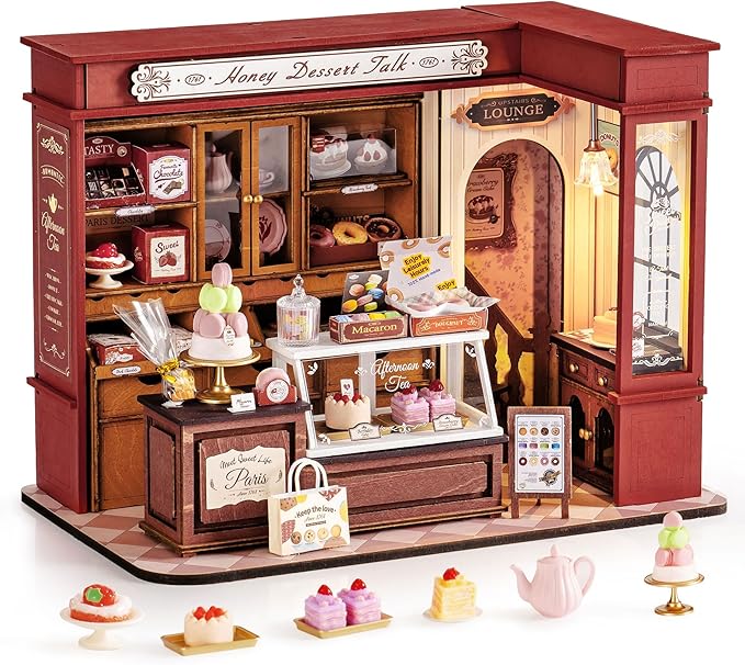 Rolife DIY Dollhouse Miniature House Kit 1:18 Vintage French Dessert Shop, Wooden Diorama Model Kit Mini House to Build with LED, Arts and Crafts for Adults Home Decor Creative Gift for Boys Girls