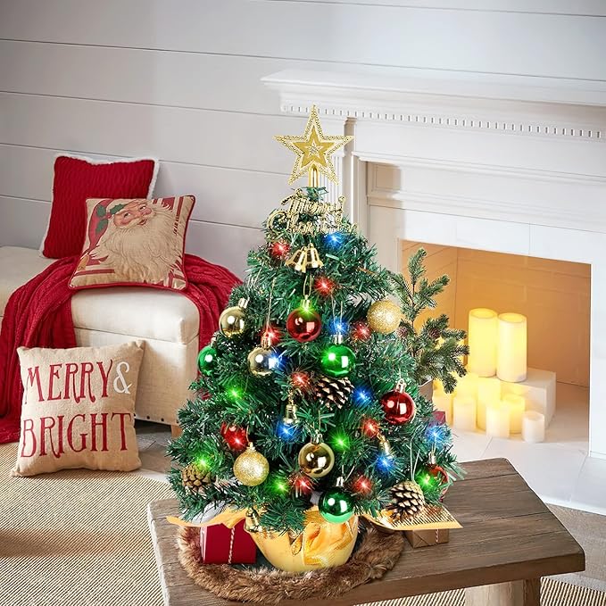AGIRL Tabletop Christmas Tree 22 Inch Mini Artificial Christmas Tree with 30 LED String Lights, Star Tree, Tabletop Small Xmas Tree for Holiday Indoor DIY Christmas Decor