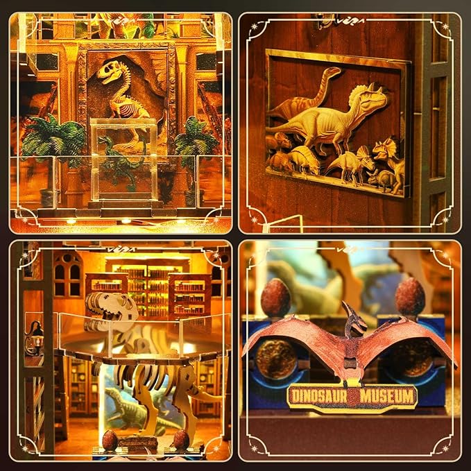 Book Nook Kit - DIY Booknook with LED Lights - 3D Wooden Puzzle for Adults - Bookshelf Insert Decor - Educational Gift for Family & Friends（Dinosaur Museum）