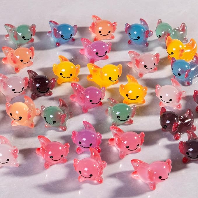 40 Pcs Luminous Mini Resin Axolotl Tiny Animals Miniature Axolotl Figures Glow in The Dark for DIY Garden Dollhouse Axolotl Figurines Accessories Micro Landscape Aquarium Party Decor