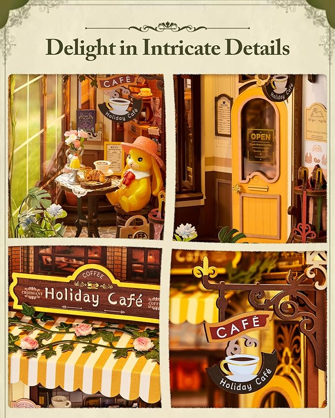 ROBOTIME DIY Book Nook Kit Holiday Café, 3D Wooden Puzzle Miniature Coffee Shop with LED Light, Creative Bookshelf Decor Diorama Kit for Adults, Unique Gift Idea