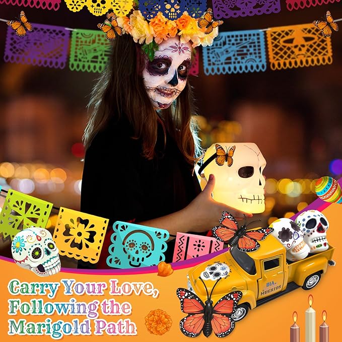 Day of The Dead Decorations for Altar Sugar Skulls Halloween Decor Metal Truck with Couple Sugar Skull Figurines Monarch Butterfly Mexican Dia De Los Muertos Decor Mini Ofrenda Altar Decorations