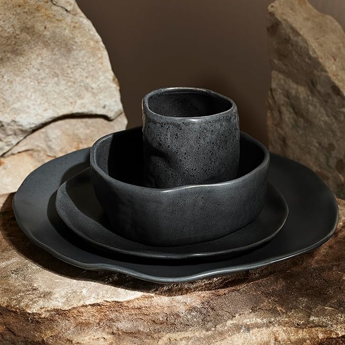 Stone by Mercer Project Atik Modern Stoneware 32-Piece Dinnerware Set, Plate and Bowl Set, Dish set for 8, Charcoal Black Speckled