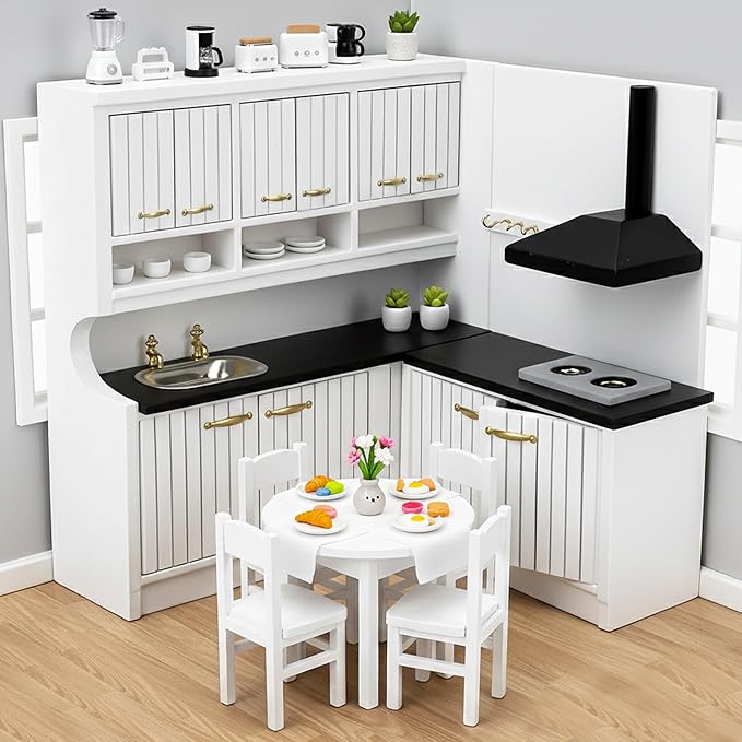 Doll House Kitchen Cabinet - 1/12 Scale Miniature Mini Table with Stove Sink Cabinet, Mini Wooden Dining Room Furniture Accessories, Decoration for Dollhouse Accessory