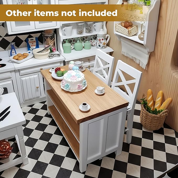 1/12 Scale Dollhouse Kitchen Dining Table Chairs Set – Miniature Kitchen Island with Stools, Modern Wood Furniture for Dollhouse Room Decor – Realistic Miniatures for Restaurant Bar Pub Barbie Crafts