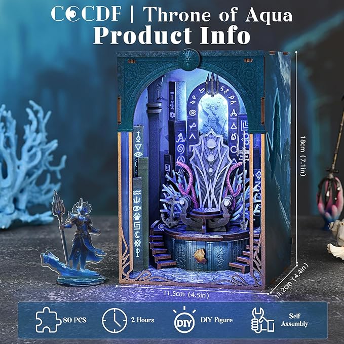 Book Nook Kit - 3D Wooden Puzzle for Beginners, Adults and Teens, DIY Miniature House Dollhouse Kit Booknook Tiny House Bookshelf Decor, Gifts for Family, Friends (Throne of Aqua)