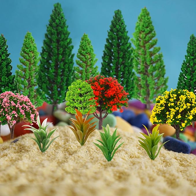 MOMOONNON 32pcs Model Trees 1.1-5.1inch Mixed Diorama Model Tree Colourful Flower Trees Grass Architecture Mini Trees for Crafts Building Model Railway Scenery Landscape Supplies (Style 01)