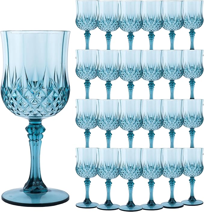 LEYIQU Plastic Wine Glasses, Plastic Goblets Vintage Style Cordial Drinking Glasses for Valentine’s Day, Wedding Reception, Grand Event Party Supplies (24, Dusty Blue)