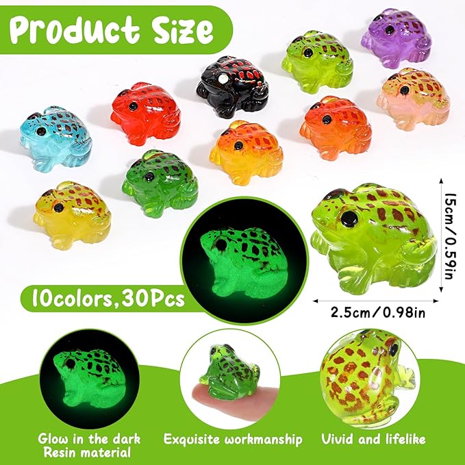 30 Pcs Luminous Mini Resin Frogs, 10 Colors Glow in The Dark Frog Statues, Miniature Craft Decor for Terrarium & Fairy Garden, Mini Resin Frogs for Moss Landscape Decoration(Assorted Colors)