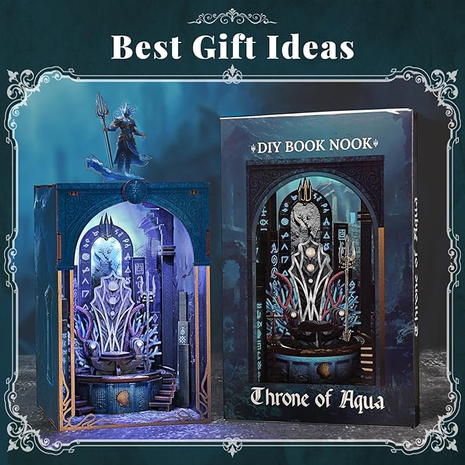 Book Nook Kit - 3D Wooden Puzzle for Beginners, Adults and Teens, DIY Miniature House Dollhouse Kit Booknook Tiny House Bookshelf Decor, Gifts for Family, Friends (Throne of Aqua)