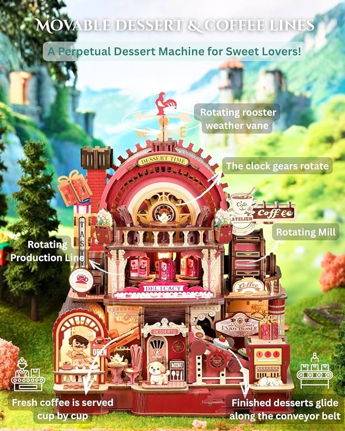 Dessert Atelier Self-Running Powered DIY Miniature House Kit – Movable Dessert & Coffee Lines Dollhouse Kit – Wood 3D Puzzles Tiny House Book Nook Christmas Halloween Birthday