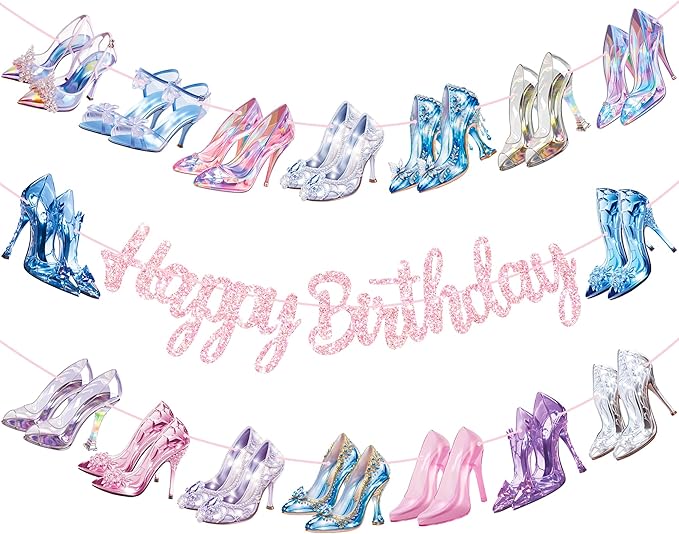 High Heel Happy Birthday Banners 3PCS Crystal High Heels Party Decorations Glass Shoes Banners Girls Princess Birthday Decor for Lady Bridal Shower Wedding Party Supplies