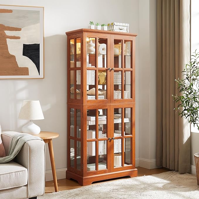 68" H Glass Curio Display Cabinet with Light, 6-Tier Wooden Glass Storage Showcase w/ 4 Doors & Adjustable Shelves, Vintage Accent Cabinet w/Mirrored Back Pane for Home & Office