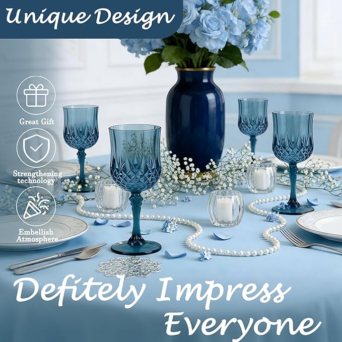 LEYIQU Plastic Wine Glasses, Plastic Goblets Vintage Style Cordial Drinking Glasses for Valentine’s Day, Wedding Reception, Grand Event Party Supplies (48, Navy Blue)