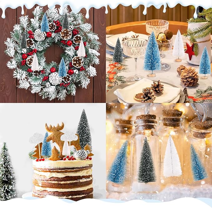 Waipfaru Christmas Decorations, 30 Pcs Blue Bottle Brush Christmas Trees, White Mini Christmas Trees, Miniature Pine Trees for Xmas Tabletop Crafts Indoor Table Home Decor (Blue & White)