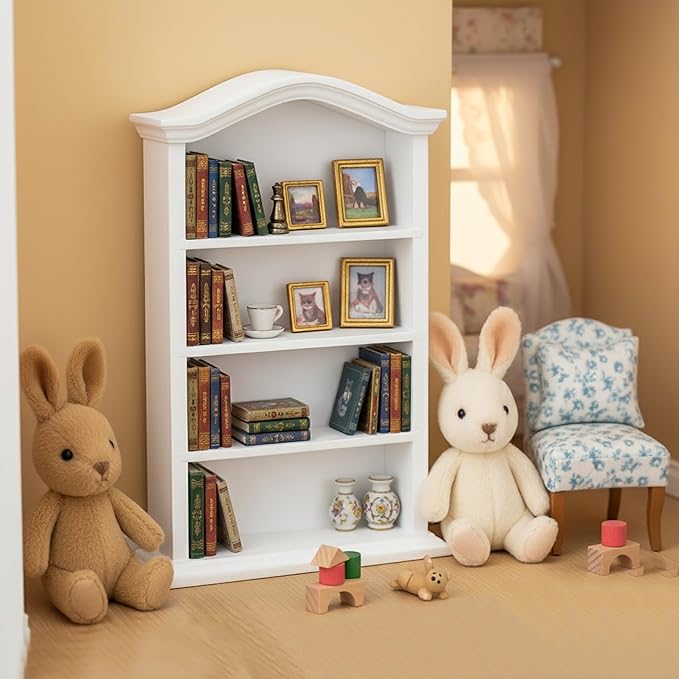 Miniature Book Shelf 1:12 Mini Bookshelf Dollhouse Furniture Accessories White Wooden Bookcase for Doll House, Books Storage Shelves, Classic Display Decoration Accessories, Cute Small Items