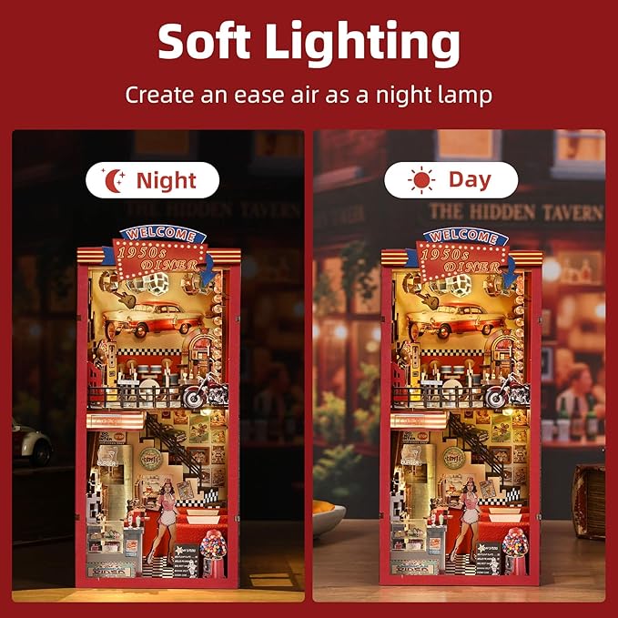 Book Nook Kit - DIY Miniature House Dollhouse Kit for Adults and Teens, Booknook Retro Diner Bookshelf Decor 3D Wooden Puzzle with LED Light, Gifts for Family and Friends (1950s Diner)